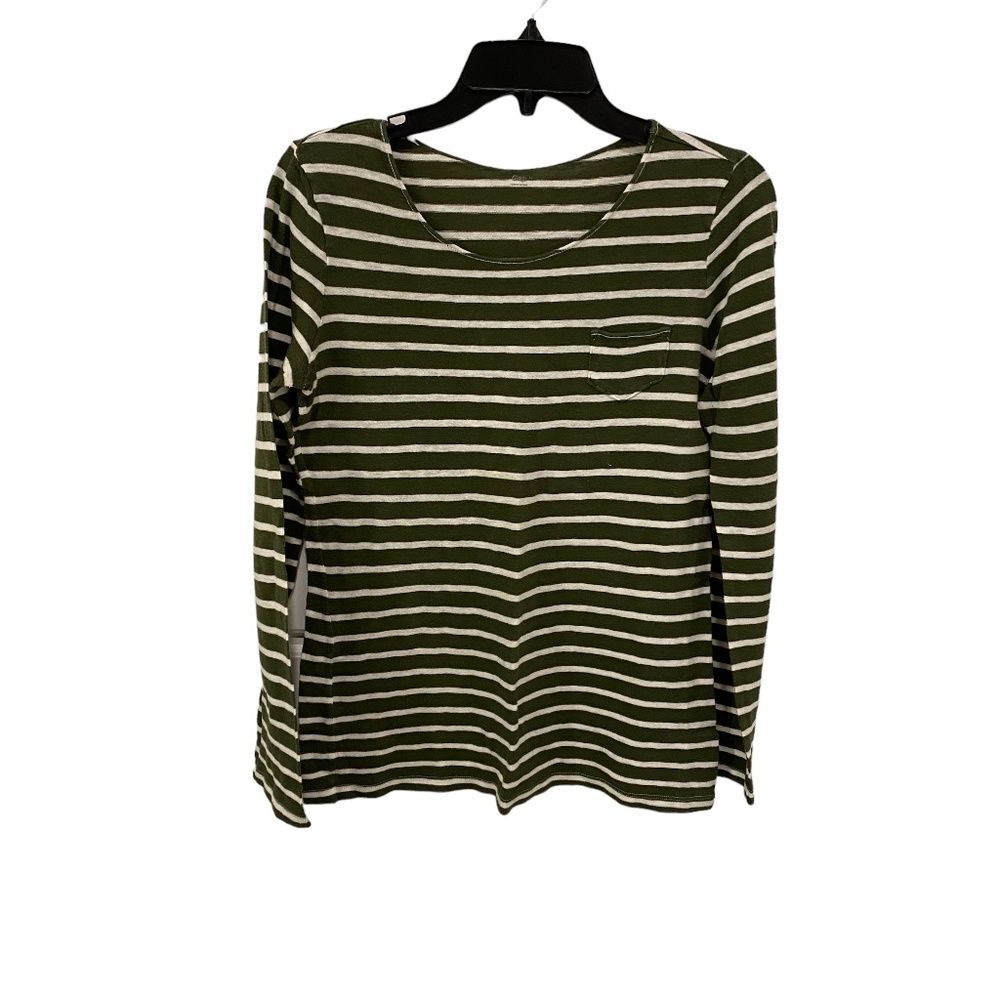 Gap Striped Long Sleeve Crew Neck T-Shirt Green White Pocket Tee Women's Medium
